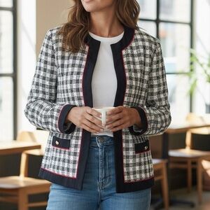 Women's Vintage HENRY LEE Black and White Checkered Knit Jacket Sz 10